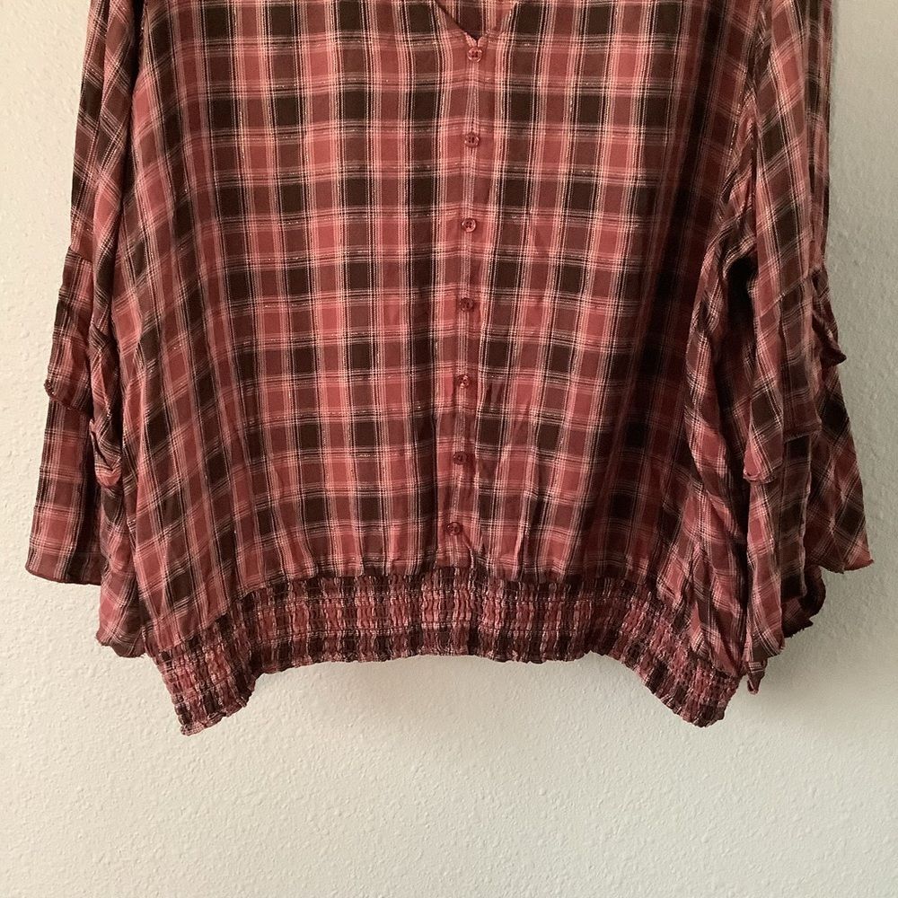 Red Plaid Cabincore Holiday Autumn Fall Christmas Ruffle Sleeve Top 22/24W - Picture 3 of 8